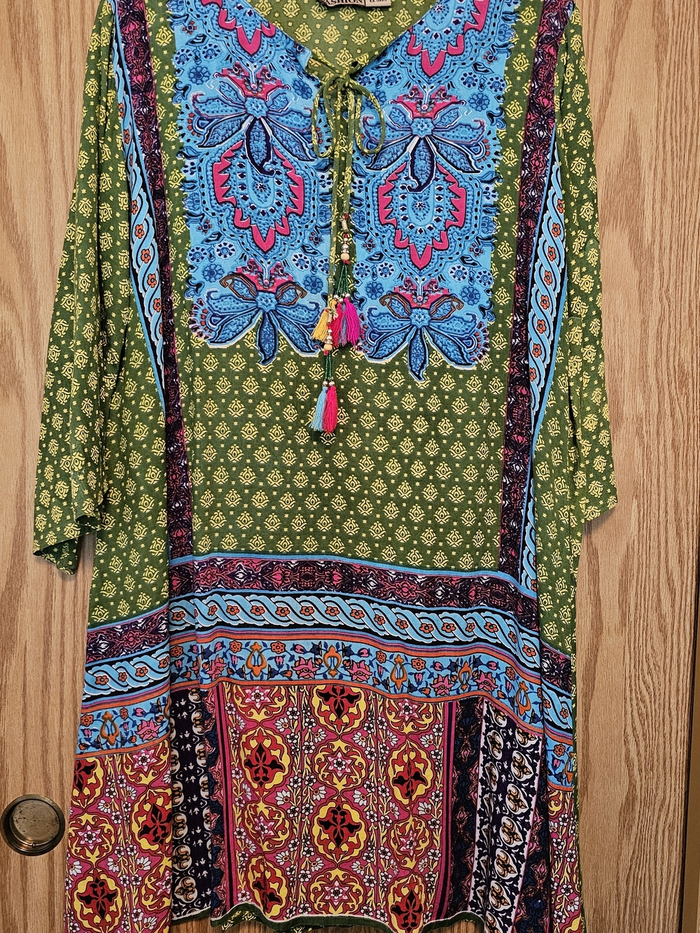 Bohemian Long Sleeve Dress with Tassel Tie - Olive & Turquoise